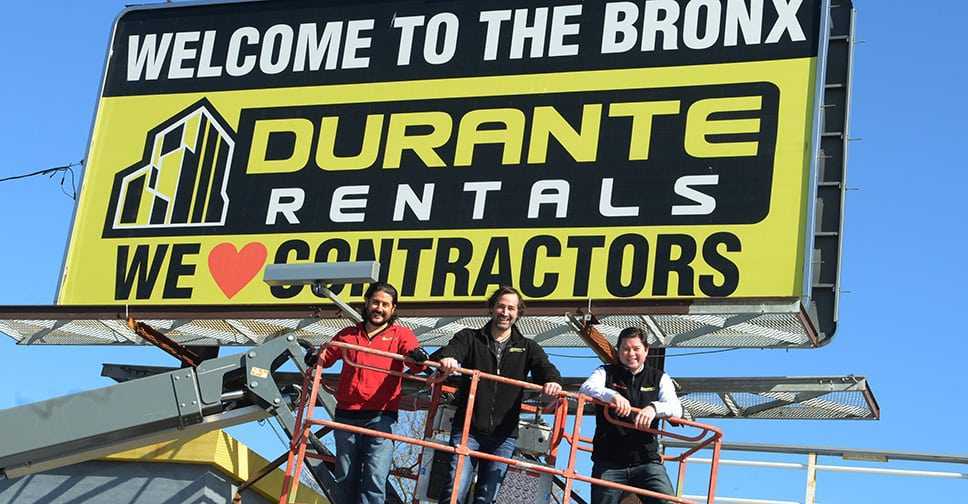 Durante Rentals founders John and Anthony Durante and business partner Chris Jones atop a lift