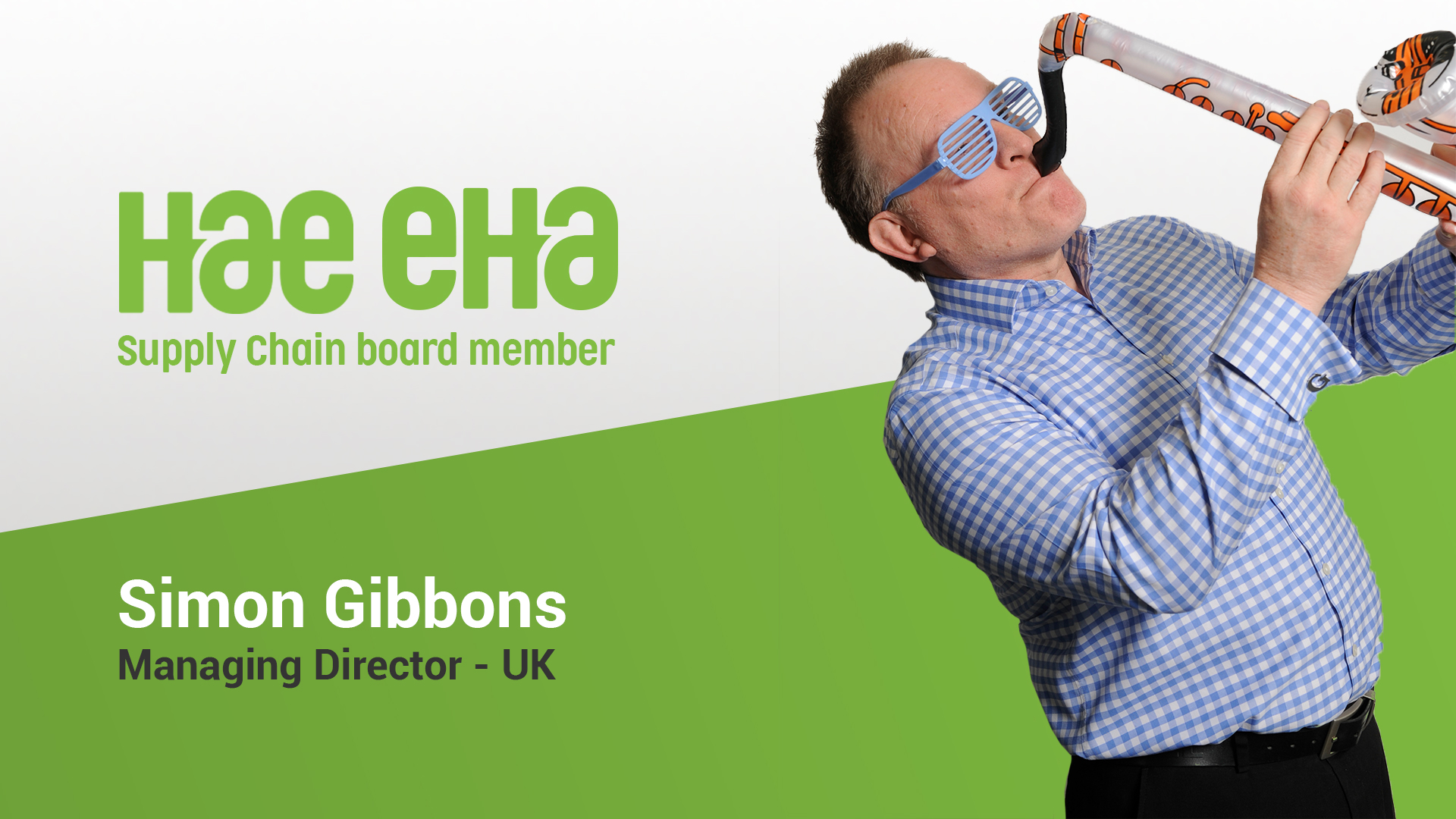 Simon Gibbons celebrates his election to the HAE EHA supply chain board by playing an inflatable saxophone.
