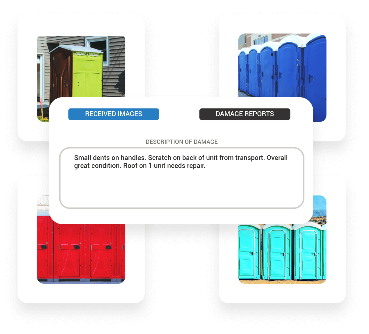 Toilet hire software graphic showing condition photo/notes sample.