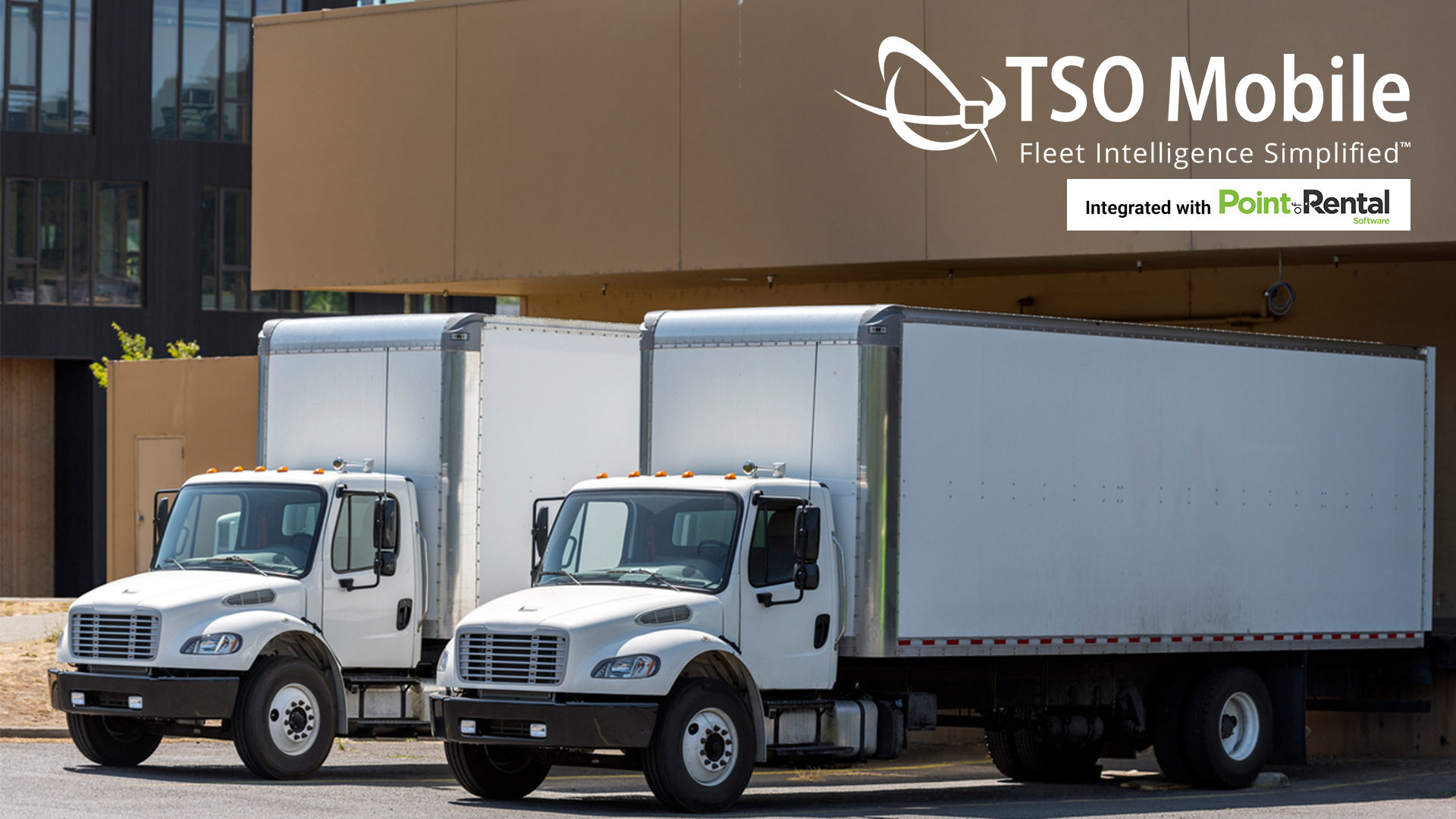 Behind every efficient fleet is realtime tracking like TSO Mobile's. Two trucks are parked in front of a warehouse in this image.