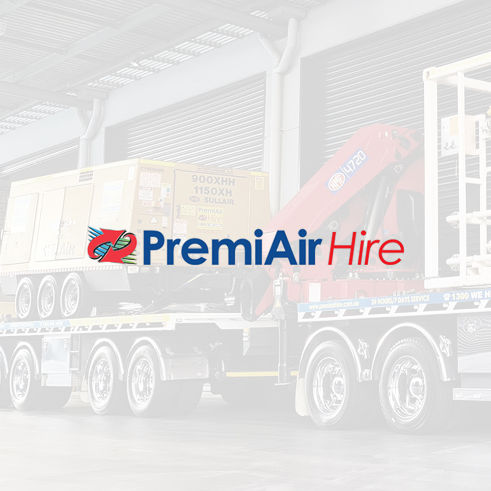 PremiAir Hire logo on faded truck background