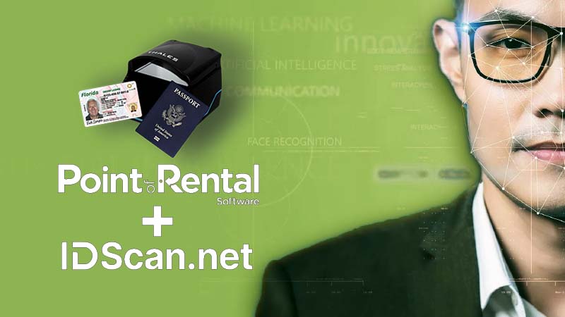 IDScan.net and Point of Rental partnership graphic with AI mapping of a human face