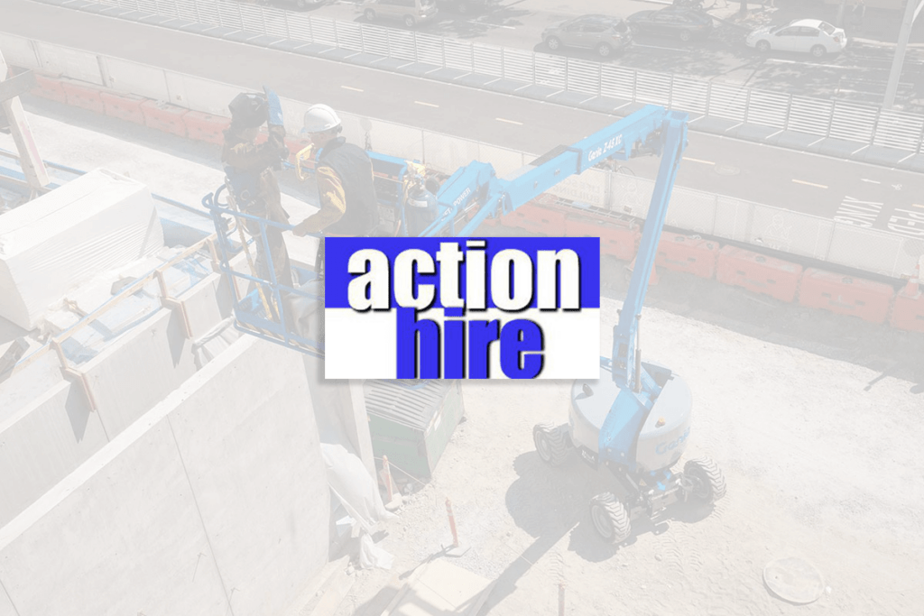 Action Hire logo overlaying a photo of a Mobile Elevated Work Platform (MEWP).