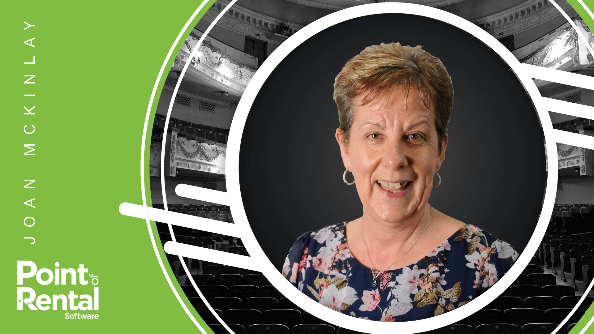 Joan McKinlay headshot on a branded graphic with her name and the Point of Rental logo with a stock photo of a theatre in the background