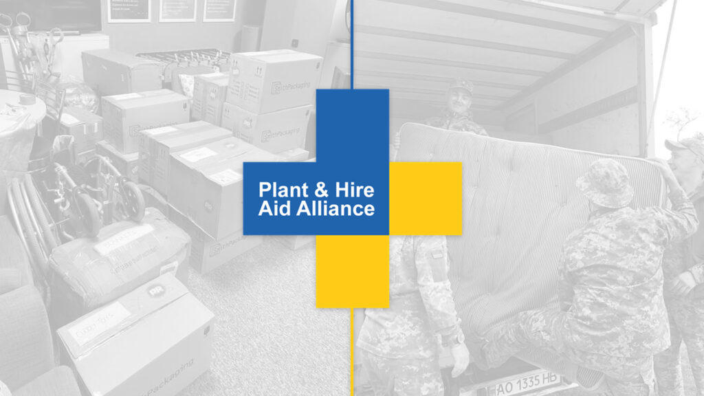 Plant & Hire Aide Alliance logo on a couple of images of boxes being sent for the convoy to support Ukrainian refugees