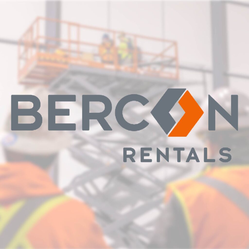 Bercon Rentals logo with a blurred-out scissor lift in the background.