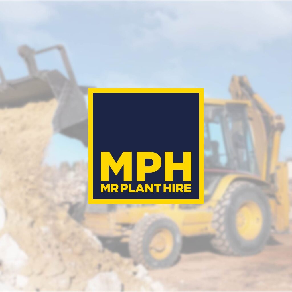 Mr Plant Hire logo on a heavy equipment background