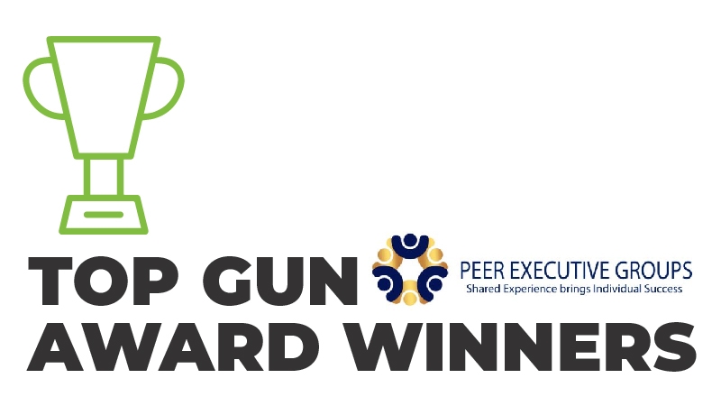 A trophy graphic with Top Gun Award Winners in text and the Peer Executive Groups logo