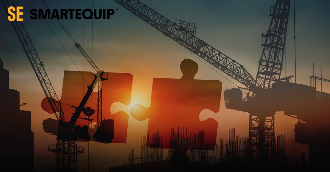 A jigsaw puzzle pieces with cranes in the background and the SmartEquip logo