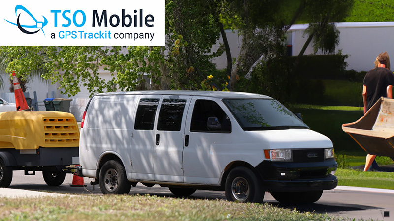 A van tows rental equipment with TSO Mobile's logo in the corner