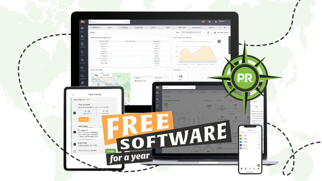 Point of Rental GUIDE graphic with computer screen mockups, a compass rose with the Point of Rental logo, and "Free Software for one year" in text written on top.