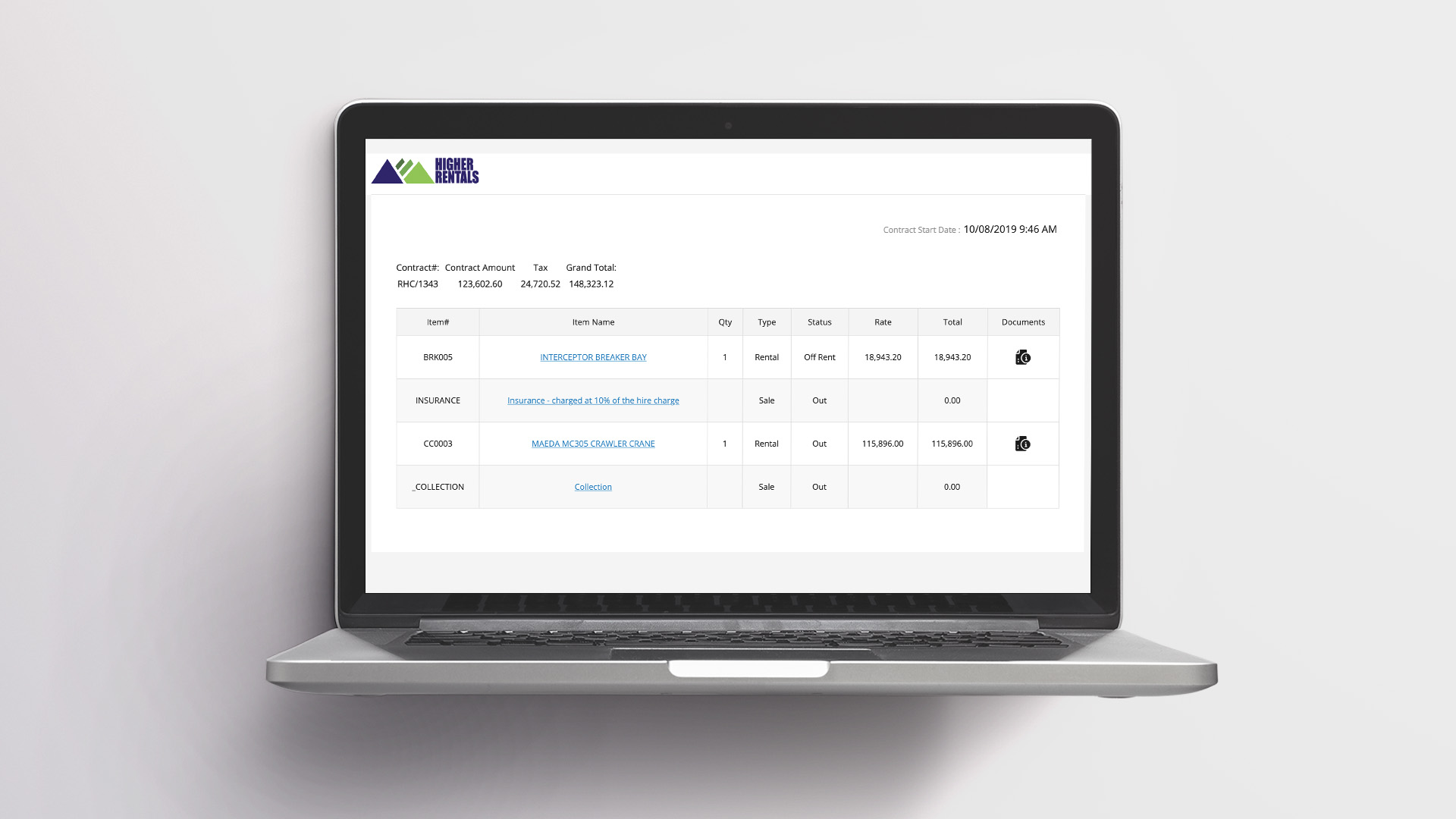 QuikLink for Syrinx dashboard showing a sample hire contract.