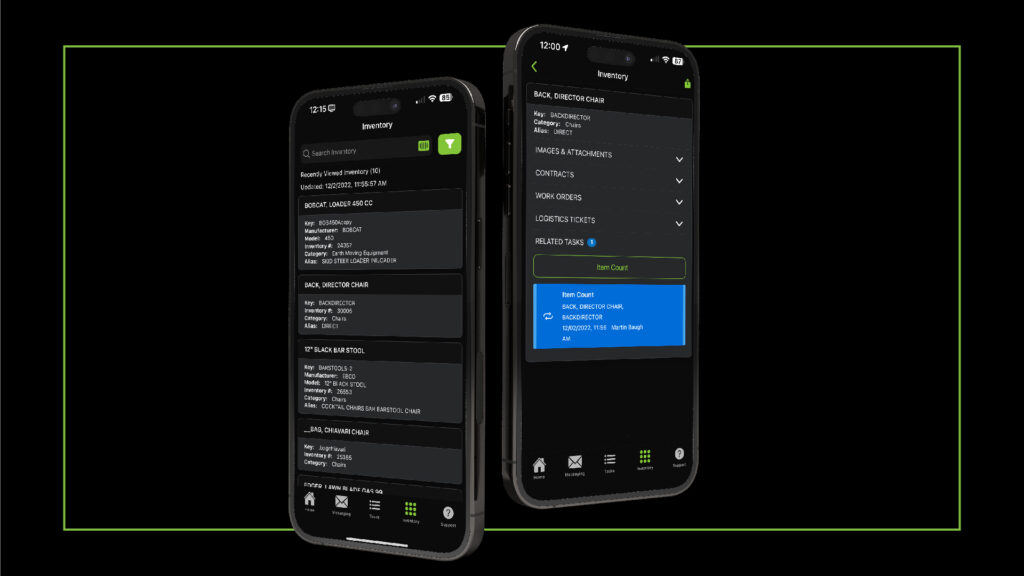 Two phones, angled back-to-back, showing different Ready Tag app screens.