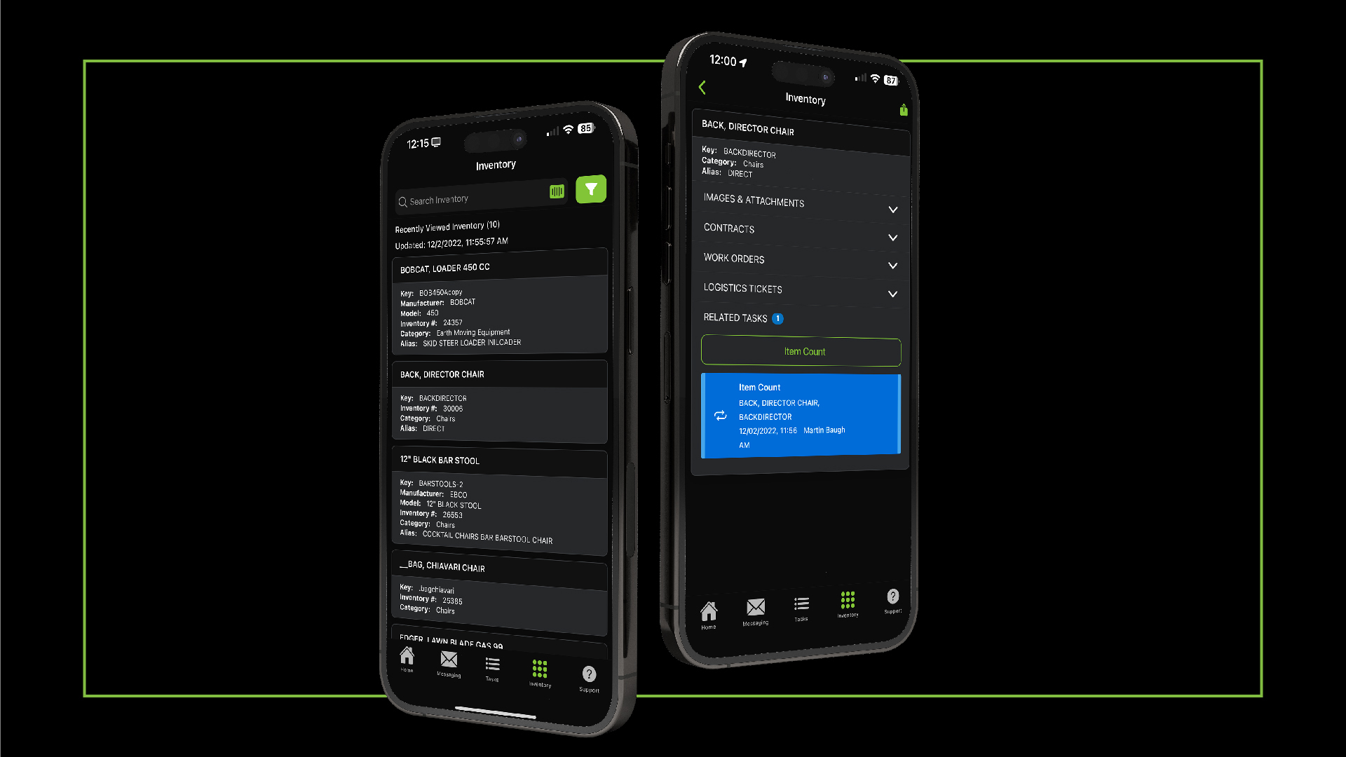 Two phones, angled back-to-back, showing different Ready Tag app screens.