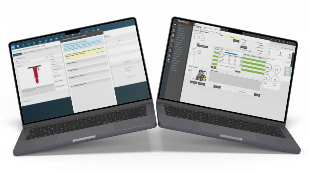 Two laptop monitors showing Product Detail Supercharger in Essentials and Elite.
