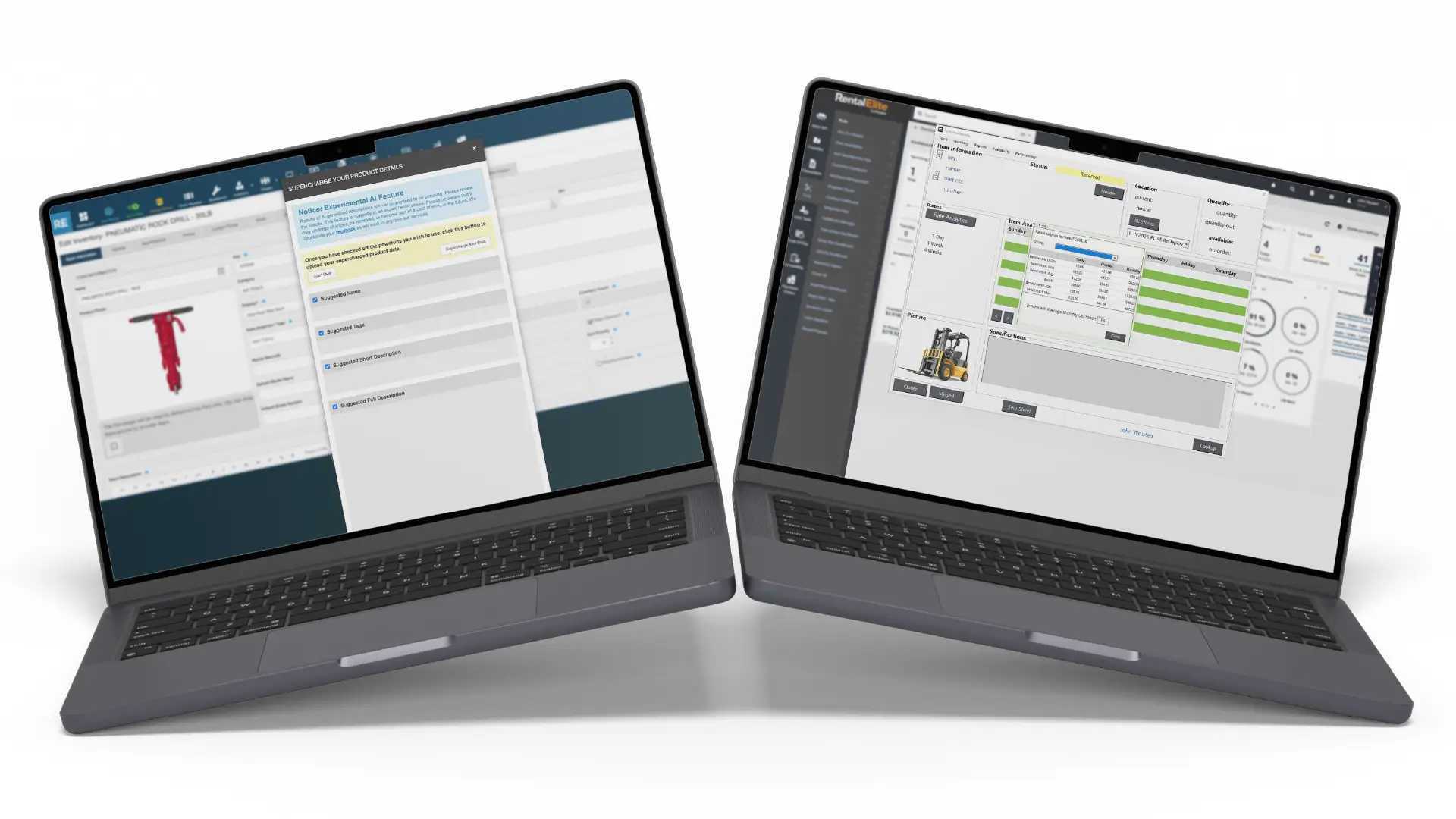 Two laptop monitors showing Product Detail Supercharger in Essentials and Elite.