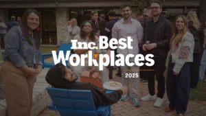Inc. Best Places to Work 2025 graphic on an image of a group of Pointers hanging out in the company's courtyard.