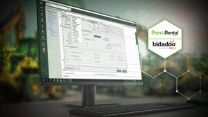 bidadoo and Point of Rental integration on a desktop image with the company's logos. Equipment from a rental yard in the background.