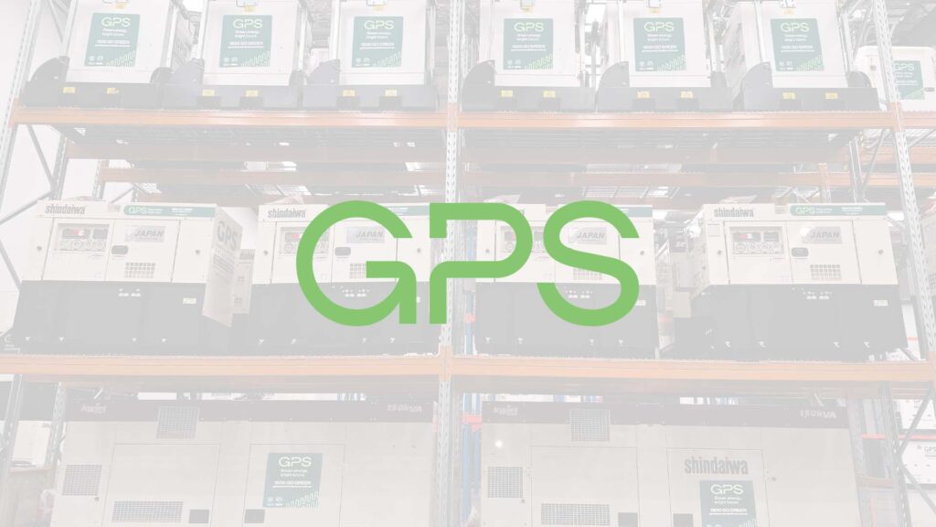 Green Power Solutions (GPS) logo above a background of several generators on shelves.