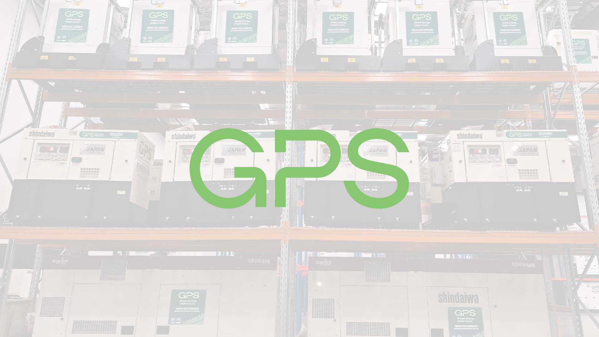 Green Power Solutions (GPS) logo above a background of several generators on shelves.