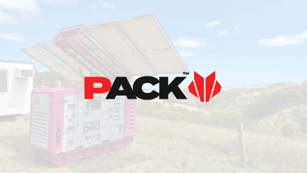 Pack Energy logo over an image of a solar-powered generator on a job site.