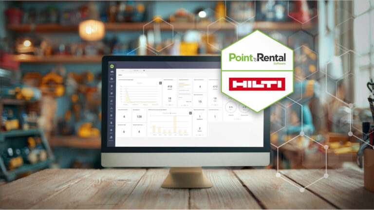 Syrinx 365 on a monitor with a hexagonal badge overlay showing the Point of Rental and Hilti logos. 