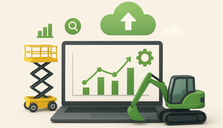 Isometric view of a laptop with equipment like a scissor lift and mini-excavator posed next to it.