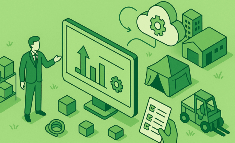 AI-generated image of a businessperson looking at modernizing his software around things like tents, forklifts, etc.