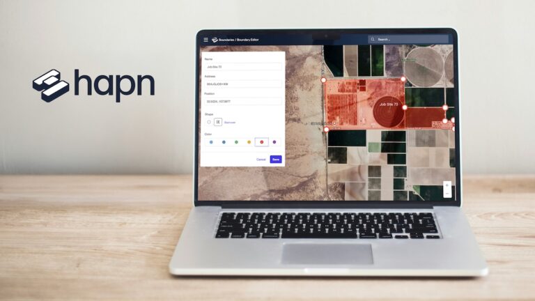 Hapn logo next to a laptop showing its GPS mapping feature.