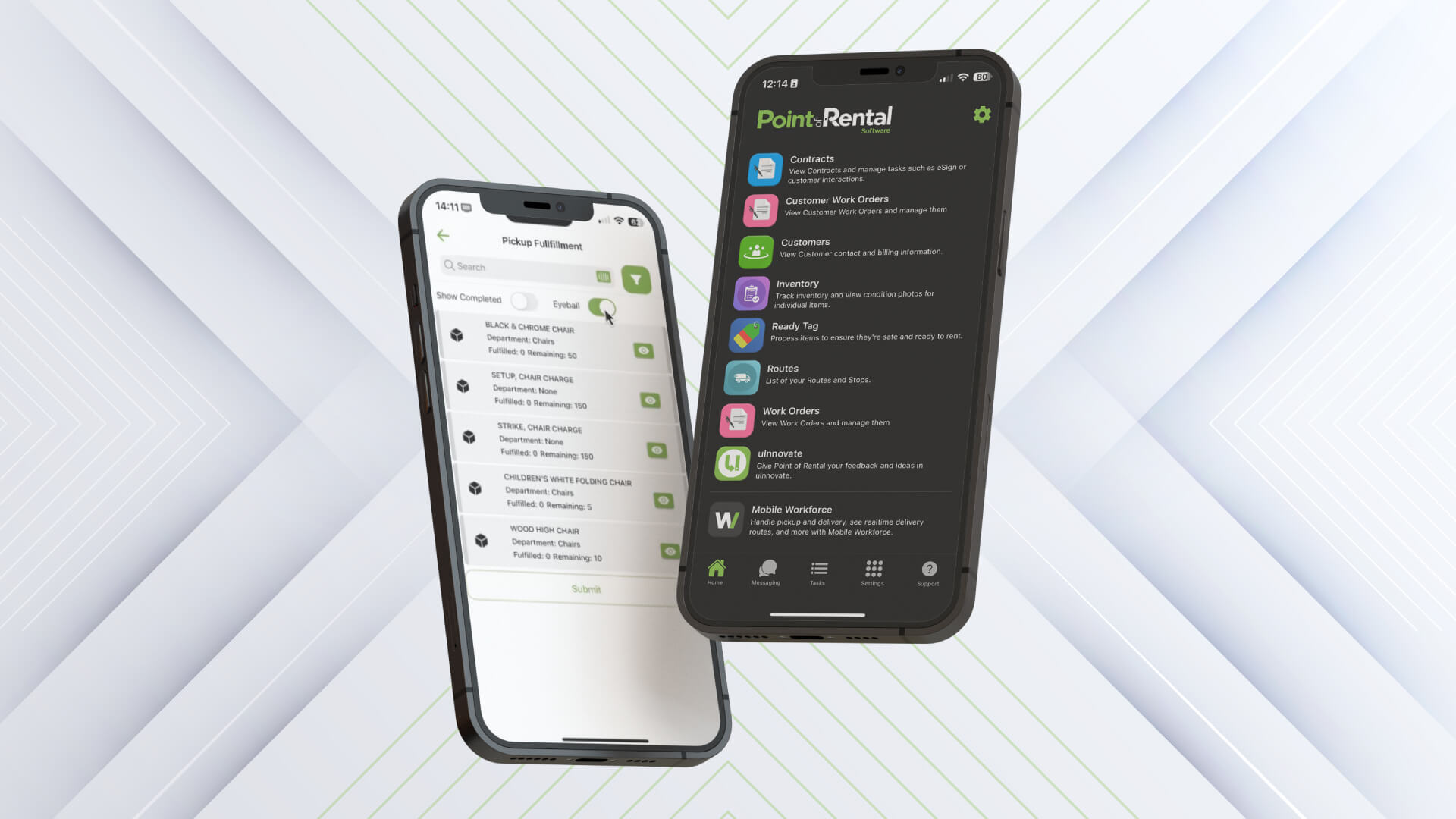 POR One's fulfillment module on a pair of phones floating on a white background with sideways Vs.
