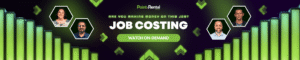 Job Costing Webinar Blog v2 - Point of Rental Software | Rental and Inventory Management Software Promotional banner for Job Costing with a bold 'JOB COSTING' headline and a green 'Watch On-Demand' button, flanked by hex portrait frames and neon green bars.",