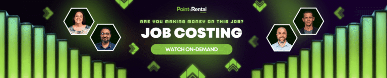 Promotional banner for Job Costing with a bold 'JOB COSTING' headline and a green 'Watch On-Demand' button, flanked by hex portrait frames and neon green bars.",