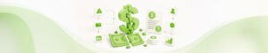Fragmented-Payments-US - Point of Rental Software | Rental and Inventory Management Software 3D green dollar sign with scattered cash, coins, and connected finance icons and charts in a financial concept scene (green theme)
