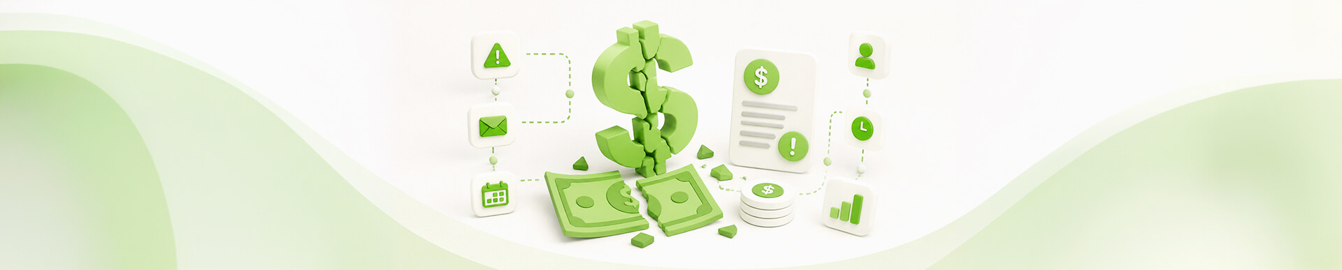 3D green dollar sign with scattered cash, coins, and connected finance icons and charts in a financial concept scene (green theme)
