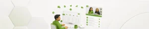 Streamline-Rental-Invoices-and-Get-Paid-Faster-Image - Point of Rental Software UK | Hire & Inventory Management Software Illustrated person at a computer with a green dashboard and connected icons signaling collaboration and productivity.