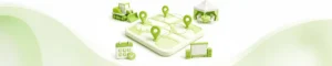 Managing Availability Across Rental Locations - Point of Rental Software ZA | Hire & Inventory Management Software Isometric green map with location pins and event elements (tent, calendar, projector) showing logistics planning.