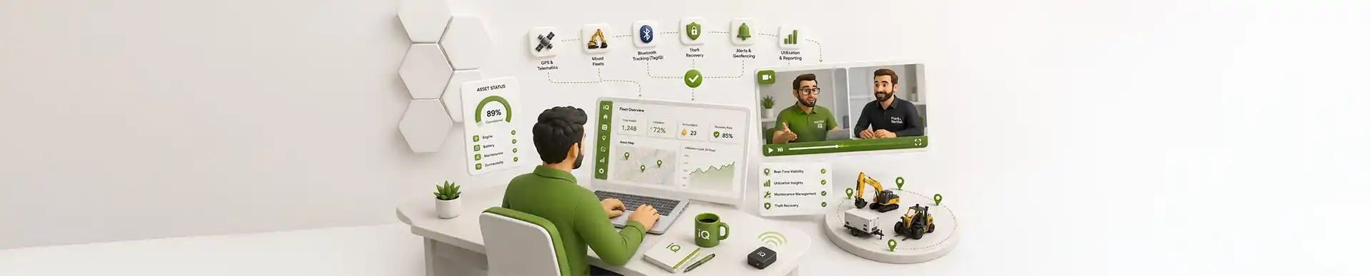 Person at a white desk monitoring a green-themed asset management dashboard across several screens