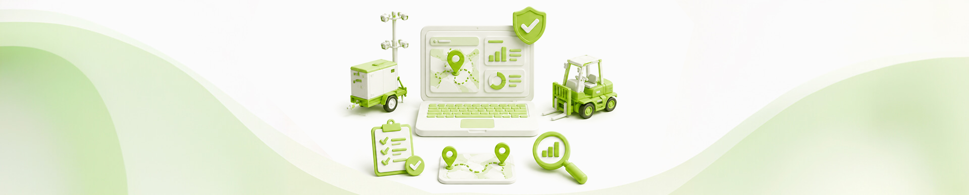 Green 3D logistics illustration featuring a laptop with a map, location pins, and surrounding delivery icons (truck, forklift, clipboard, magnifying glass).