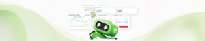 Rental-Intelligence-Webinar-Recap - Point of Rental Software AU | Hire & Inventory Management Software Green robot character with floating charts and dashboards against a pale green abstract background, representing data and automation.