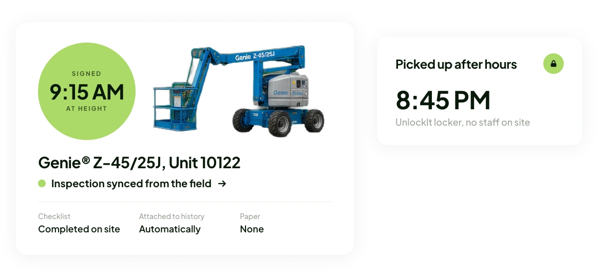 Mobile inspection checklist for a Genie Z-45/25J synced from the field with an on-site height check