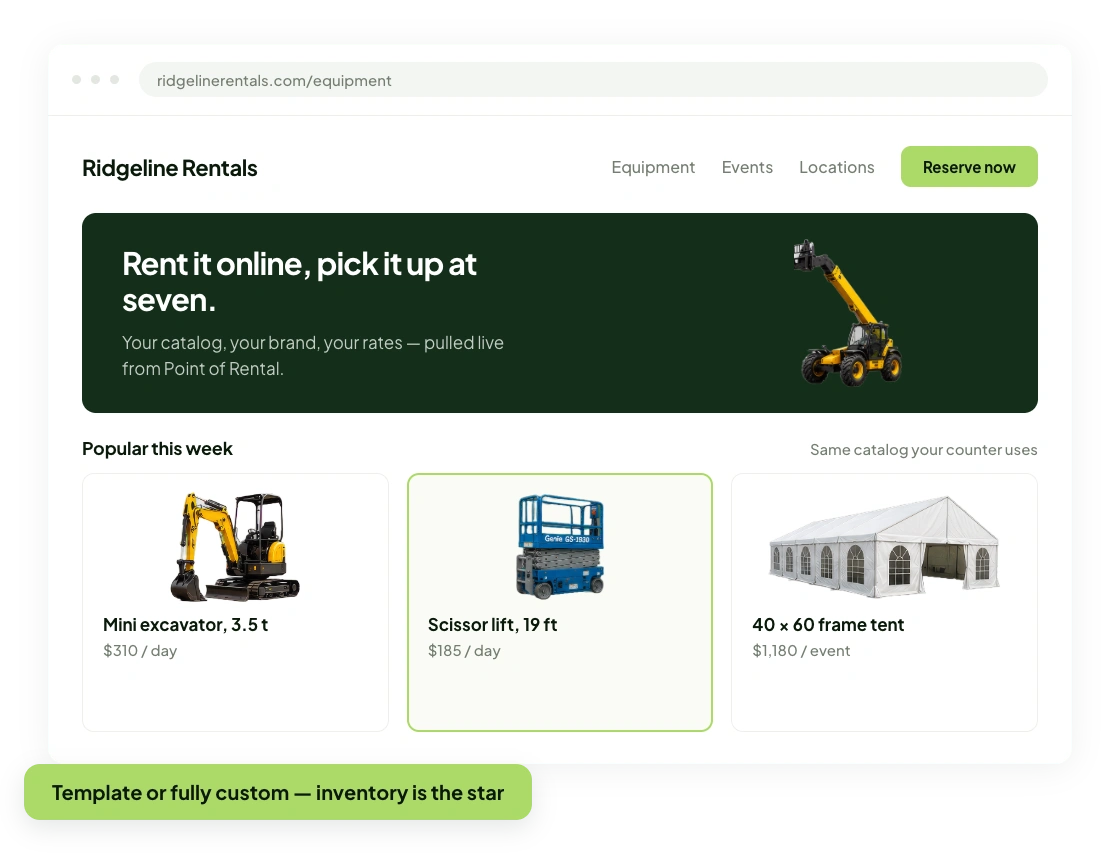 Rental company website hero banner reading 'Rent it online, pick it up at seven,' with a popular-equipment grid pulled live from Point of Rental