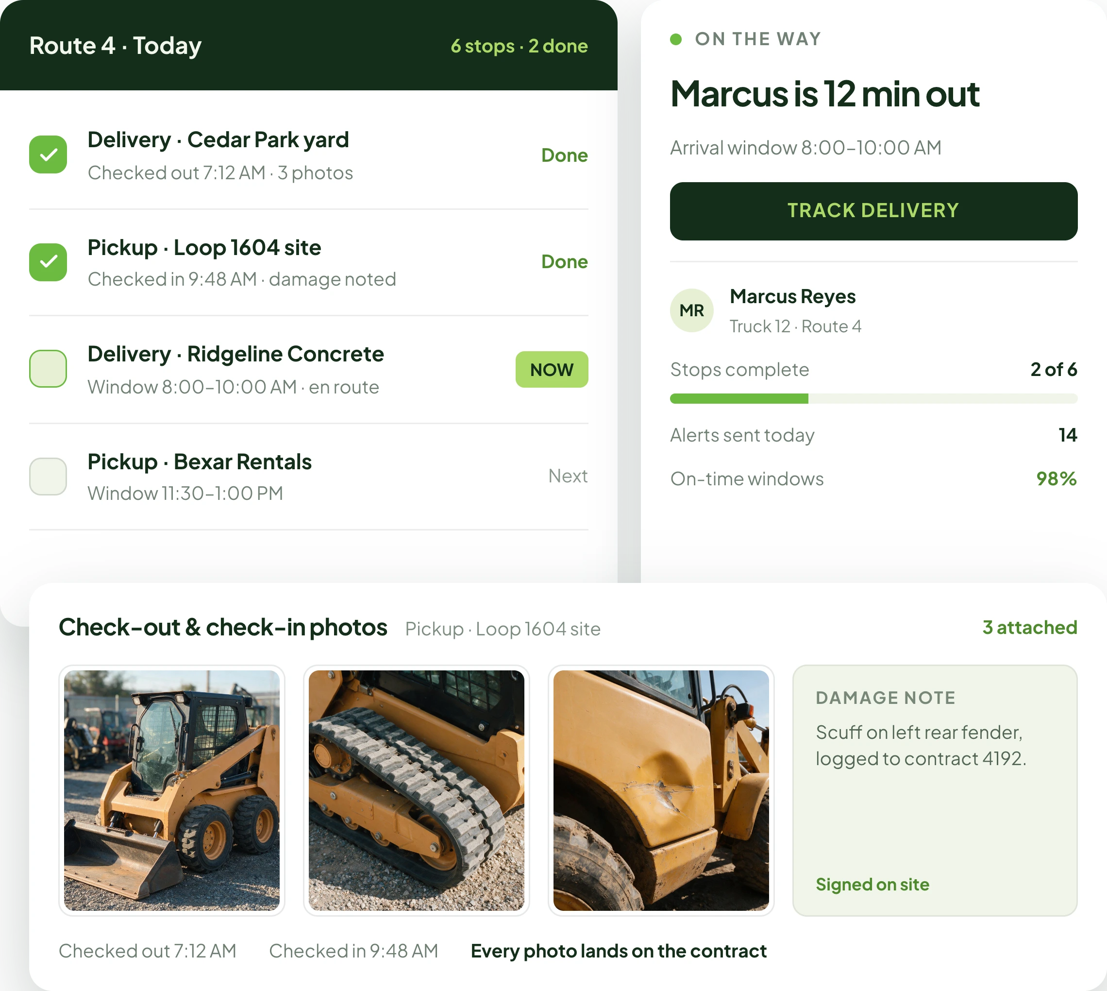 Route stop checklist beside an On the Way delivery tracker