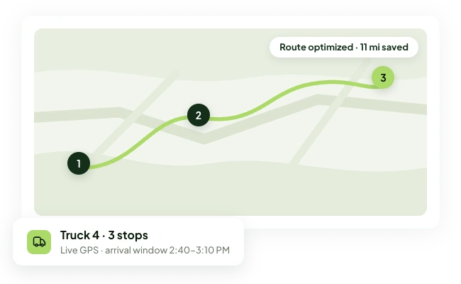 Dispatch map showing an optimized delivery route with live truck GPS tracking