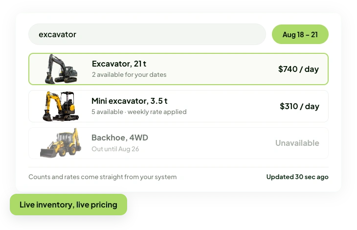 Live excavator search results showing per-day pricing, availability counts, and an 'Updated 30 sec ago' timestamp