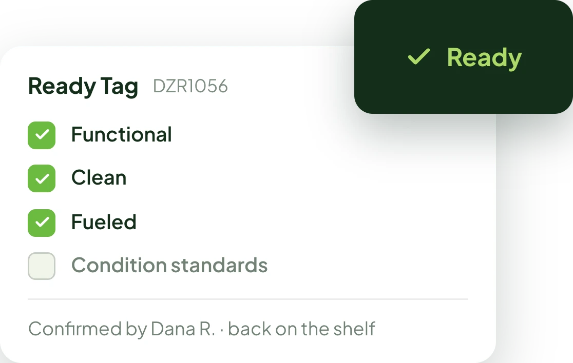 Ready Tag checklist confirming an item is functional, clean, and fueled