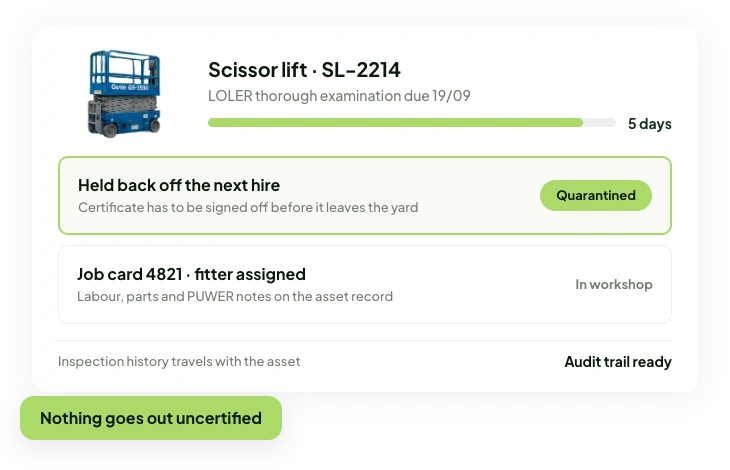 Asset dashboard showing a scissor lift's quarantine status and service due date