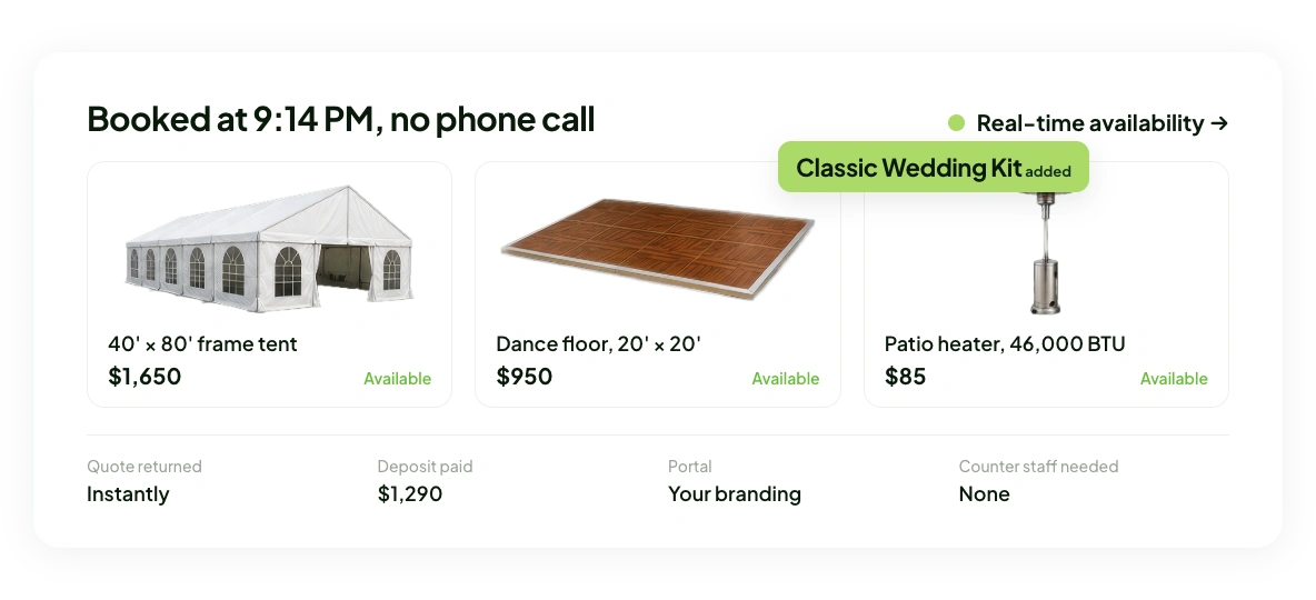 Screenshot of a tent, dance floor, and patio heater booked online at 9:14 PM with real-time availability and no phone call
