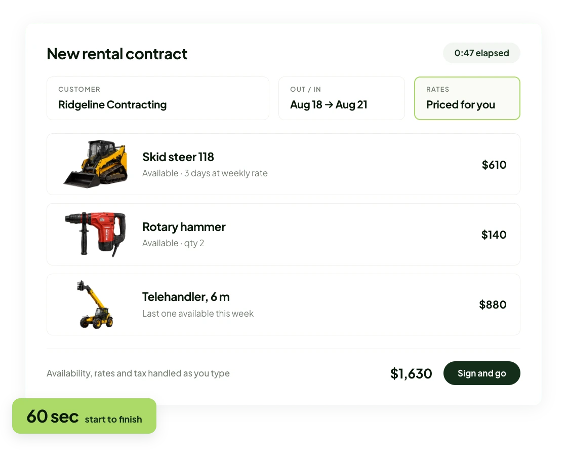 Rental contract screen showing equipment and dates for a customer