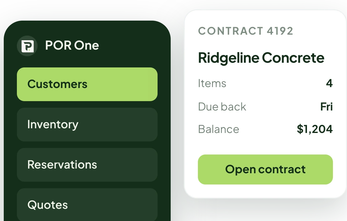 Customers menu open beside a contract card showing items, balance, and due date