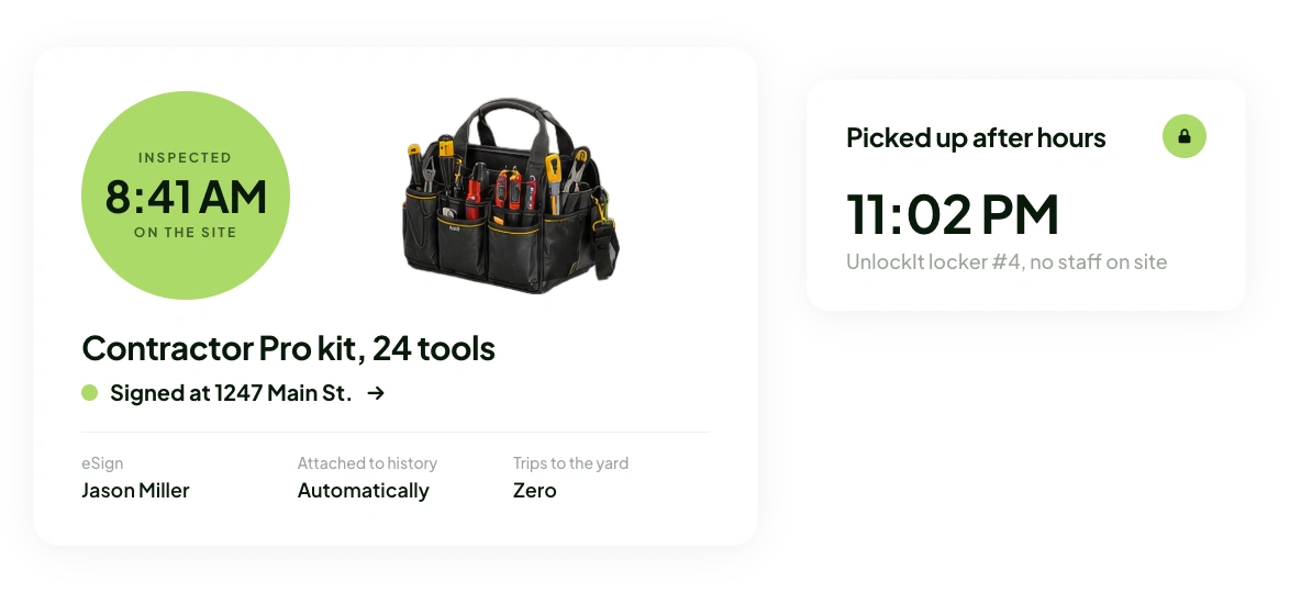 Screenshot of a 24-tool contractor kit inspected and eSigned on site alongside an after-hours UnlockIt locker pickup at 11:02 PM